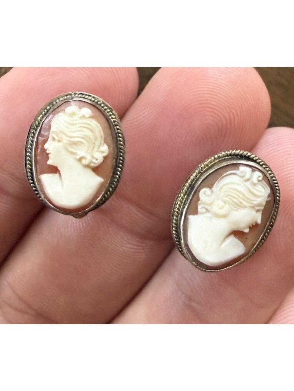 Antique Sterling Silver Shell Cameo Earrings Screwback Clip On Signed